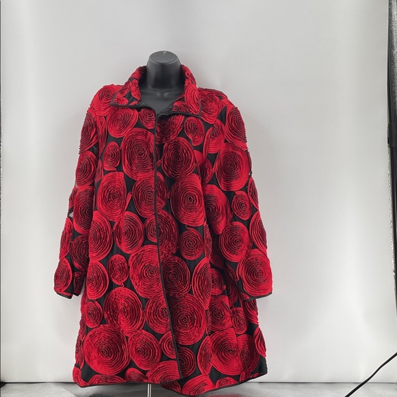 Travelers by Chico's Jackets & Blazers - 12.26.25 Chico’s 🌹 Rosette Red and Black Women's Topper Semi Sheer (4 or XXL)